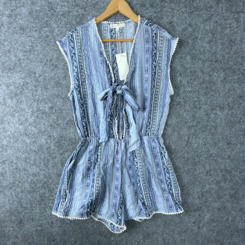 Relished Romper Womens L Blue Patterned Stripe Pom Pom Trim Tie Front Cutout